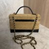 Chanel Suede Calfskin Shiny Lambskin Stitched Top Handle Slim Vanity Case With Chain Beige Black