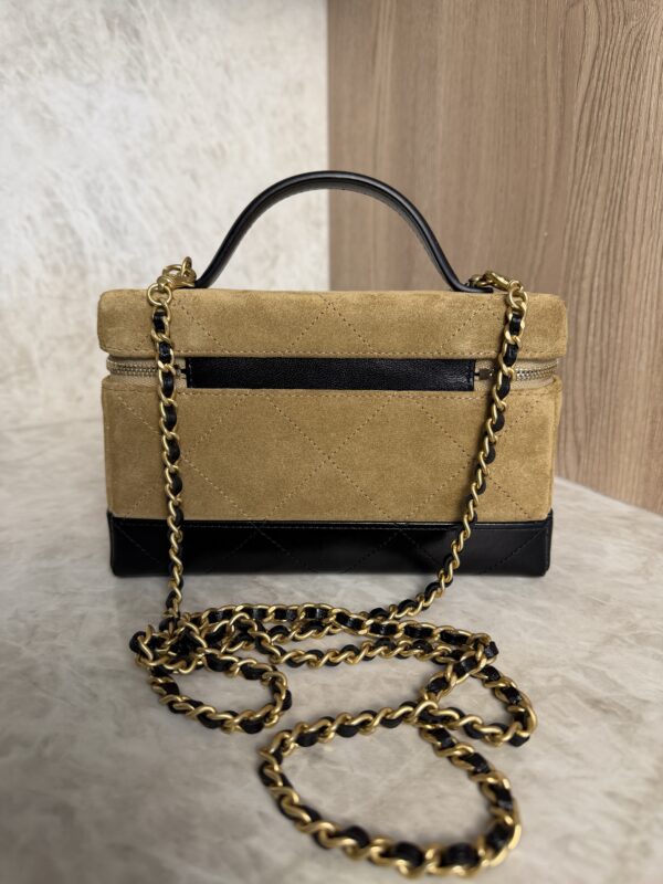 Chanel Suede Calfskin Shiny Lambskin Stitched Top Handle Slim Vanity Case With Chain Beige Black
