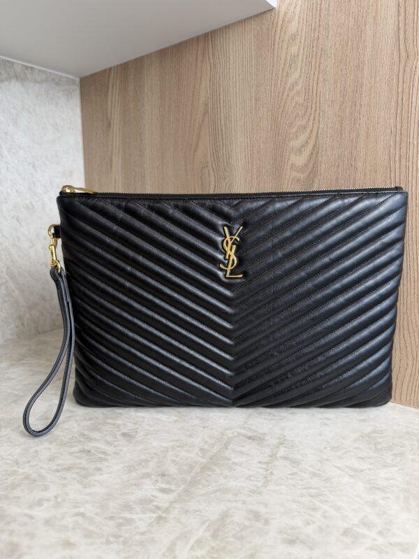Saint Laurent (YSL) Calfskin Matelasse Chevron Monogram Document Holder Black