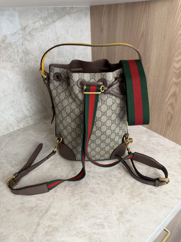 Gucci GG Supreme Monogram Neo Vintage Drawstring Bucket Backpack Beige New Acero Crop
