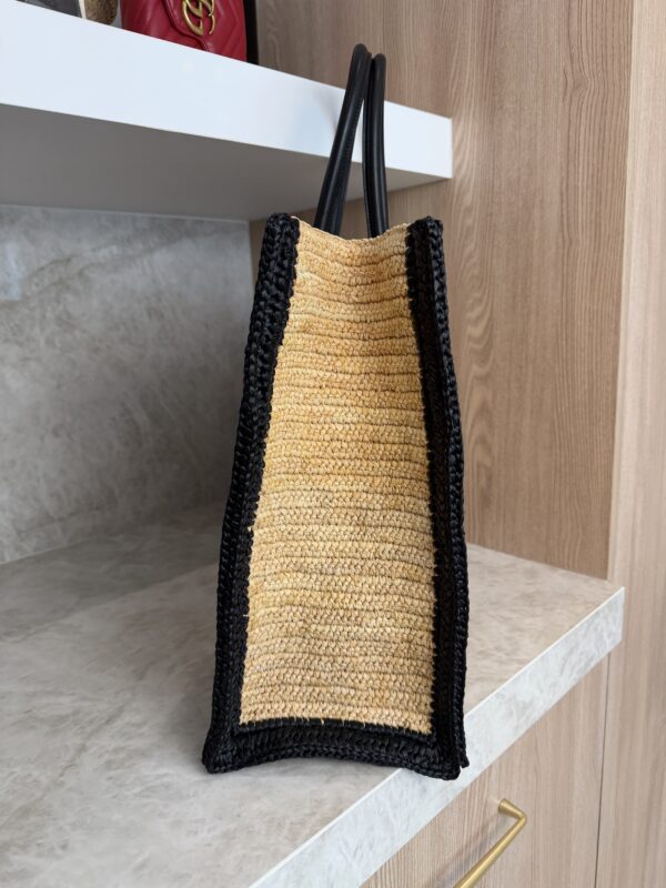 Saint Laurent (YSL) Raffia Calfskin Rive Gauche Tote Naturale Black