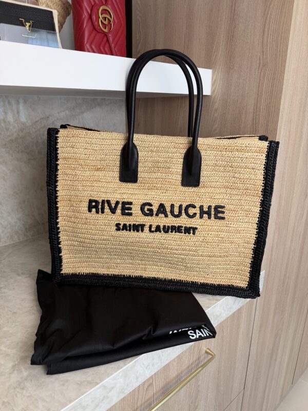 Saint Laurent (YSL) Raffia Calfskin Rive Gauche Tote Naturale Black
