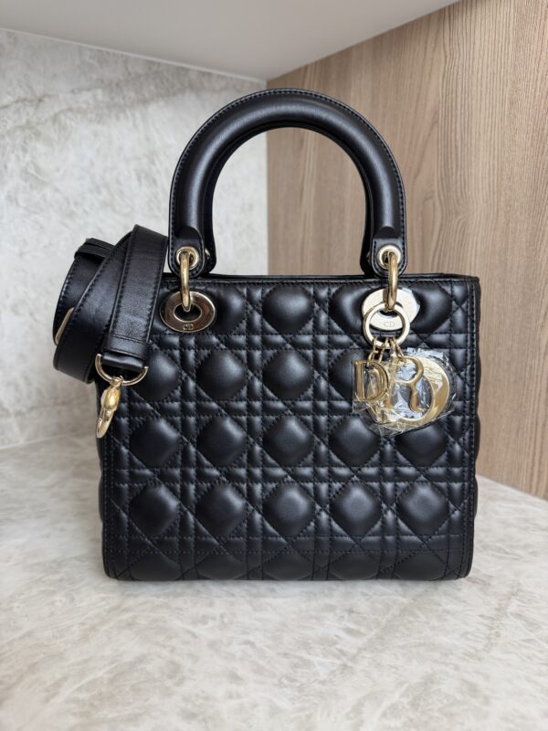 Christian Dior Lady Dior Bag Cannage Quilt Lambskin Medium Black and Gold Hardware
