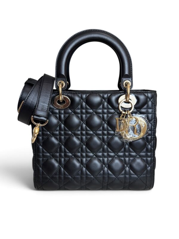Christian Dior Lady Dior Bag Cannage Quilt Lambskin Medium Black and Gold Hardware