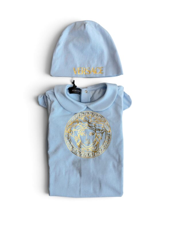 Versace Onsie Romper Size 9-12 with Hat Blue