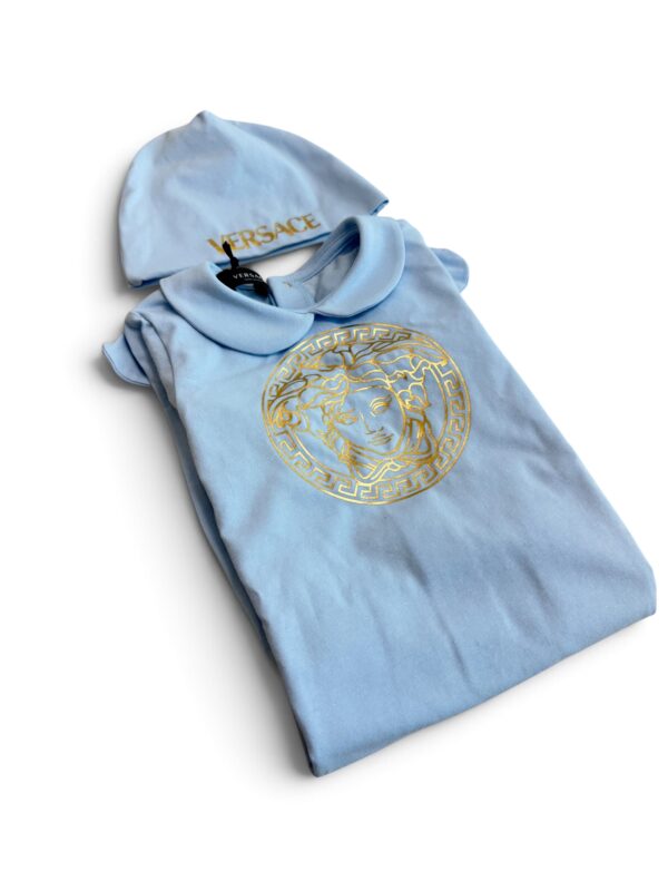Versace Onsie Romper Size 9-12 with Hat Blue