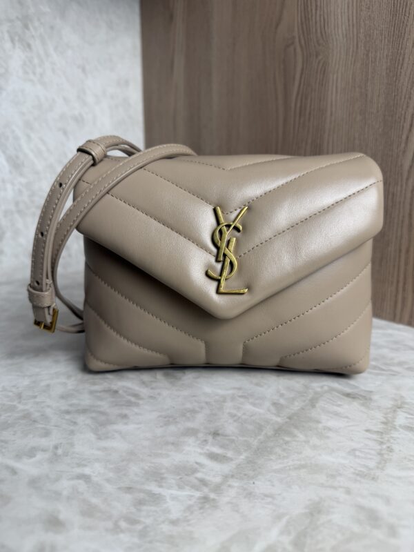 Saint Laurent (YSL) Calfskin Y Quilted Monogram Toy Loulou Satchel Beige and Gold hardware