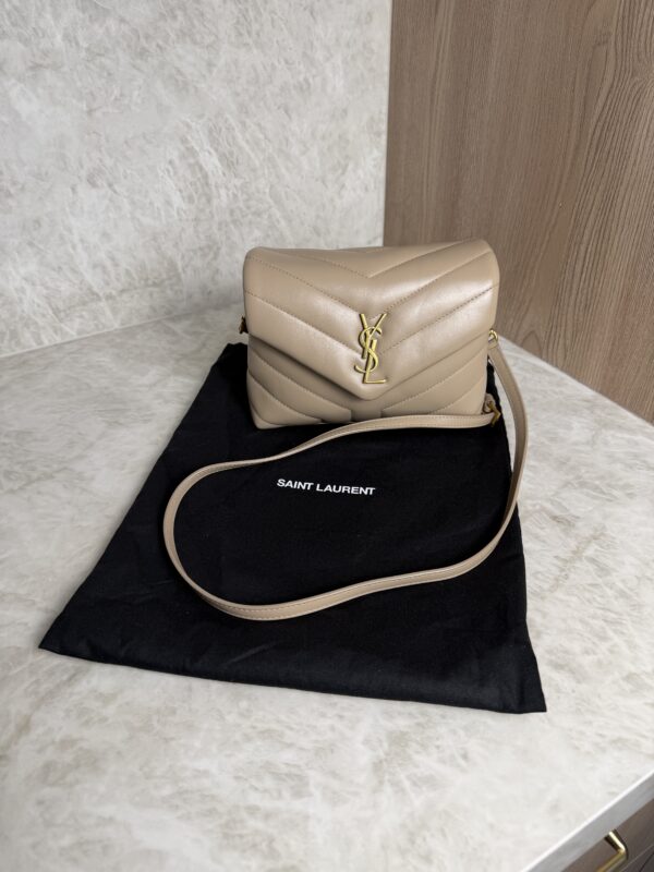 Saint Laurent (YSL) Calfskin Y Quilted Monogram Toy Loulou Satchel Beige and Gold hardware