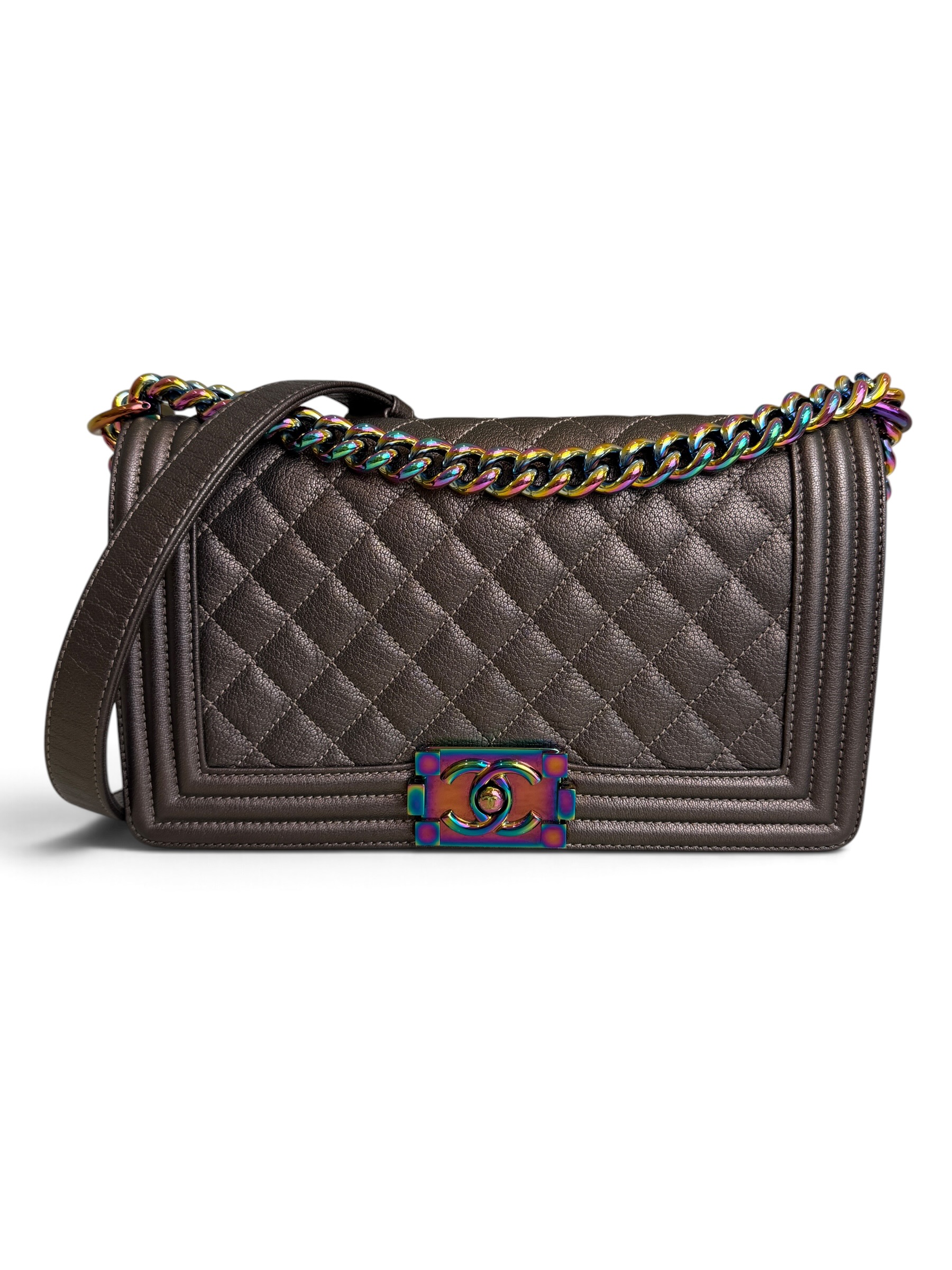 Chanel Boy Flap Bag Quilted Iridescent Goatskin Old Medium