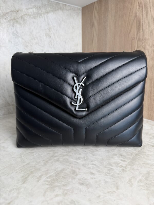 Saint Laurent (YSL) Calfskin Y Quilted Monogram Medium Loulou Chain Satchel Black and Silver Hardware