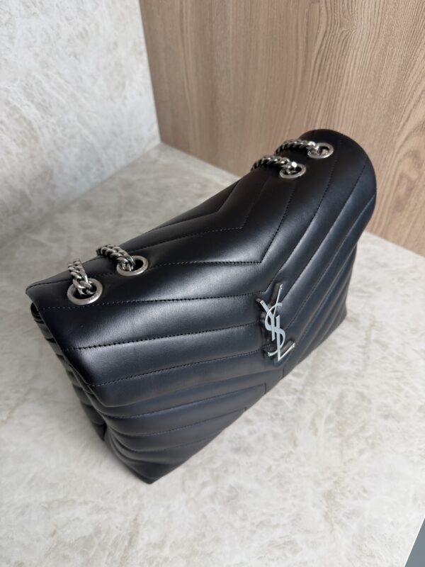 Saint Laurent (YSL) Calfskin Y Quilted Monogram Medium Loulou Chain Satchel Black and Silver Hardware