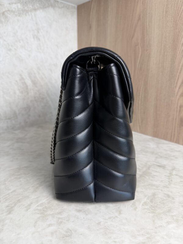 Saint Laurent (YSL) Calfskin Y Quilted Monogram Medium Loulou Chain Satchel Black and Silver Hardware