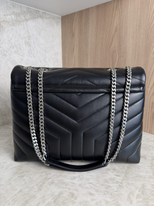 Saint Laurent (YSL) Calfskin Y Quilted Monogram Medium Loulou Chain Satchel Black and Silver Hardware