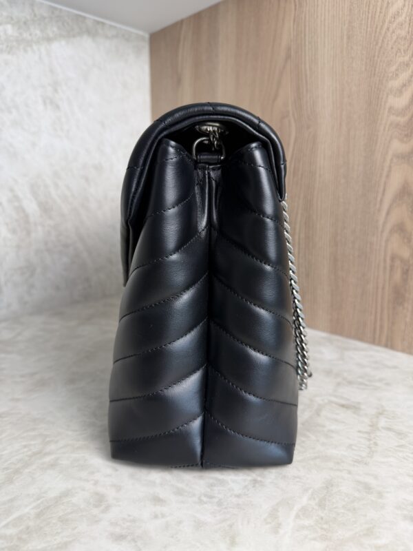 Saint Laurent (YSL) Calfskin Y Quilted Monogram Medium Loulou Chain Satchel Black and Silver Hardware
