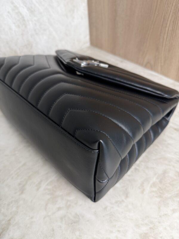 Saint Laurent (YSL) Calfskin Y Quilted Monogram Medium Loulou Chain Satchel Black and Silver Hardware