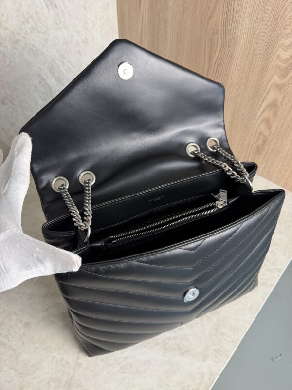 Saint Laurent (YSL) Calfskin Y Quilted Monogram Medium Loulou Chain Satchel Black and Silver Hardware