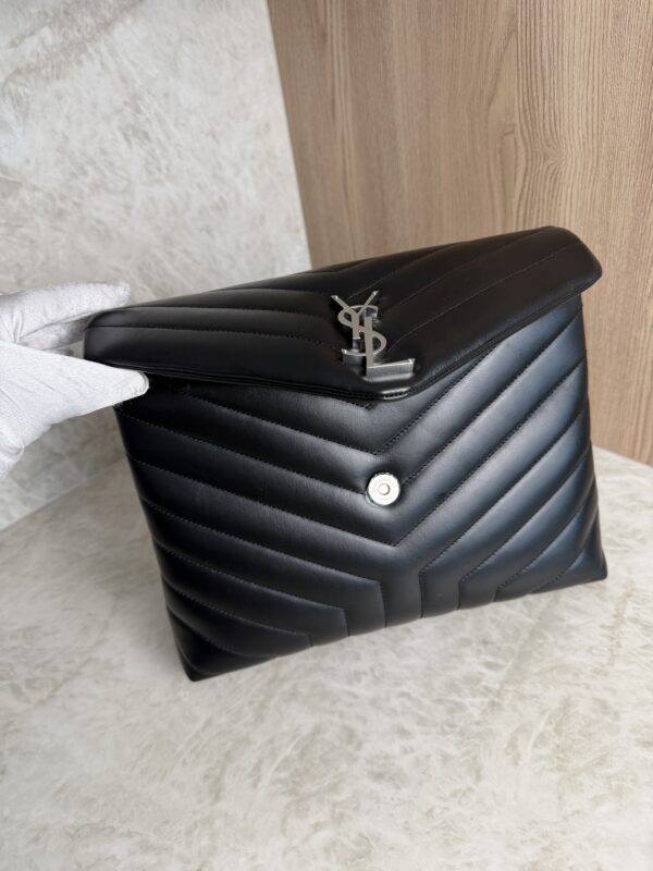 Saint Laurent (YSL) Calfskin Y Quilted Monogram Medium Loulou Chain Satchel Black and Silver Hardware