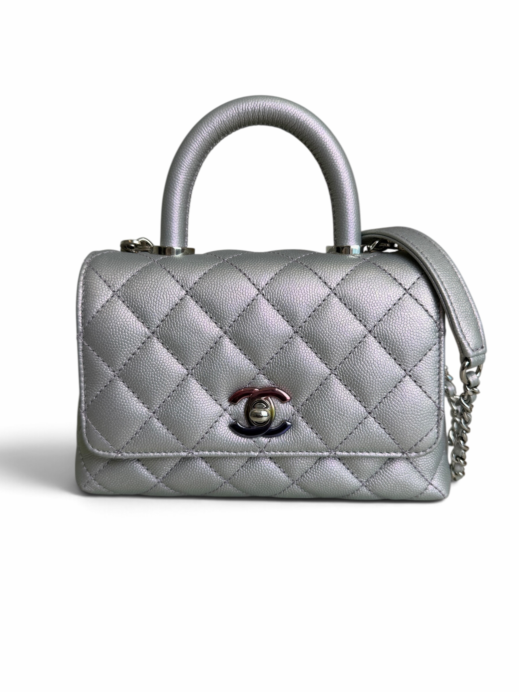 Chanel Iridescent Caviar Quilted Extra Mini Coco Handle Flap Purple