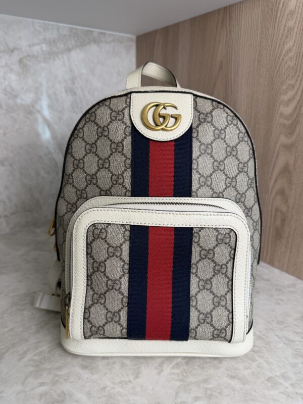 Gucci GG Supreme Monogram Calfskin Web Small Ophidia Day Backpack Beige Ebony New Acero
