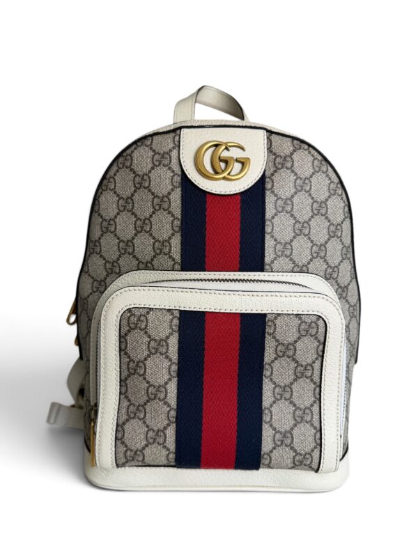 Gucci GG Supreme Monogram Calfskin Web Small Ophidia Day Backpack Beige Ebony New Acero