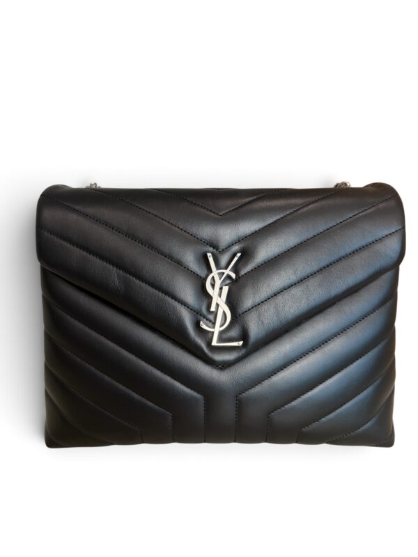 Saint Laurent (YSL) Calfskin Y Quilted Monogram Medium Loulou Chain Satchel Black and Silver Hardware